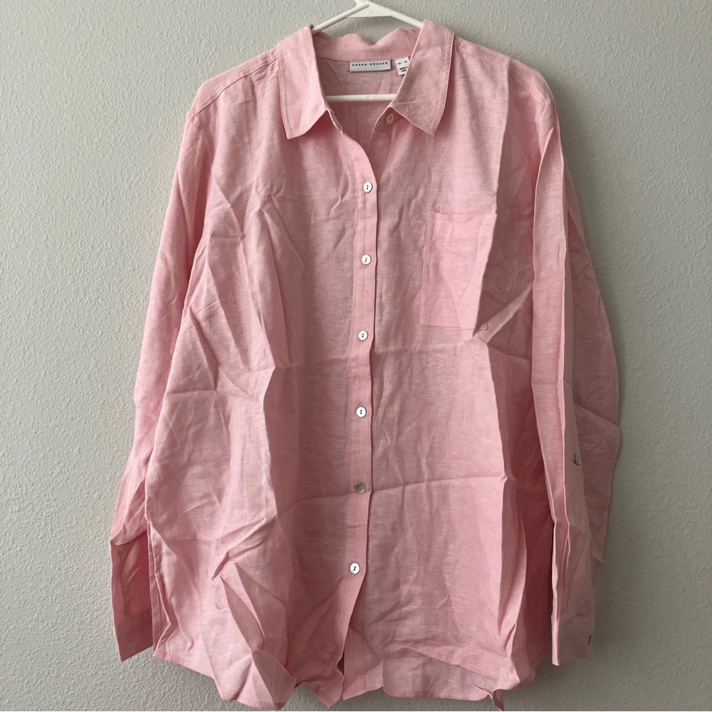 Susan Graver Regular Easy Linen Blend Cross- Dyed Tunic - pink (sz XL) a396835